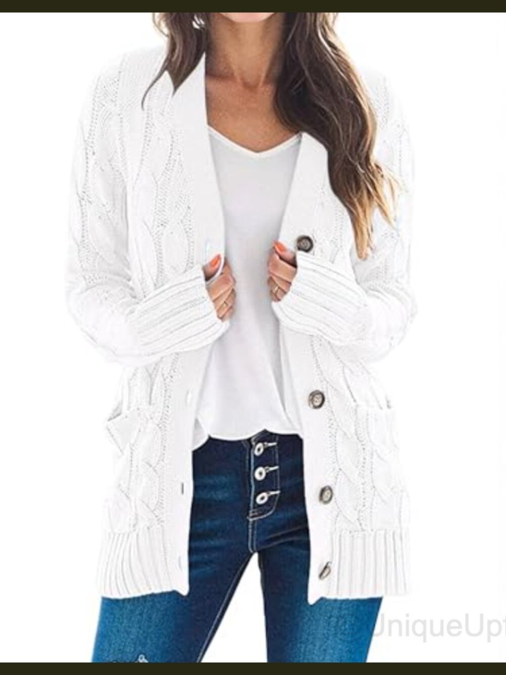 Womens Cable Knit Button Down Cardigan Long Sleeve V-Neck Chunky Sweater